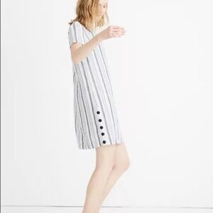 Madewell V Neck Linen Mini Dress Striped Button Detail Blue Cream Size Small